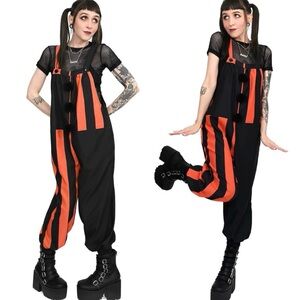 foxblood sideshow overalls orange black stripe halloween romper w poms S rare!